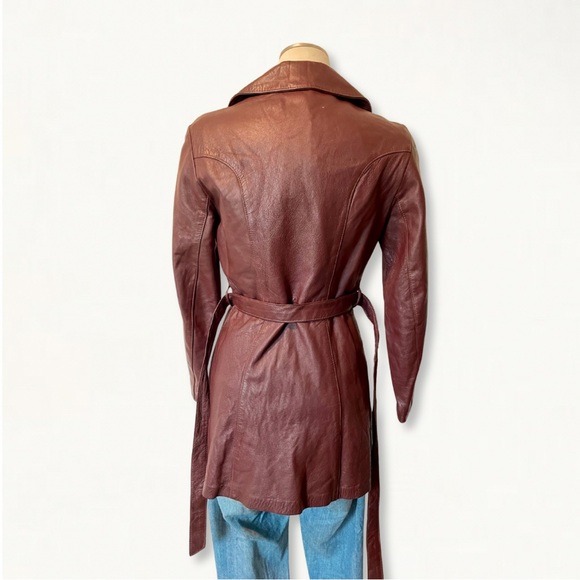 Vintage 1970s Cherry Cola Burgundy Leather Jacket Belted Leather Wrap Coat - Picture 9 of 13